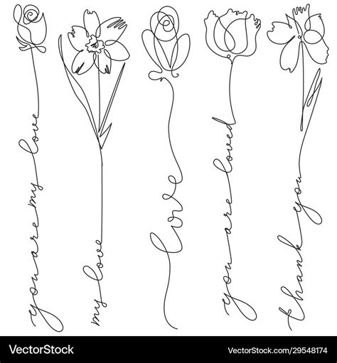 Set line art flowers with lettering Royalty Free Vector