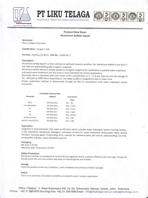 PDS Aluminium Sulfate Liquid PDF | PDF | Water | Aluminium