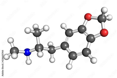 The structure of MDMA molecule, ball-and-stick model. MDMA is a widely ...