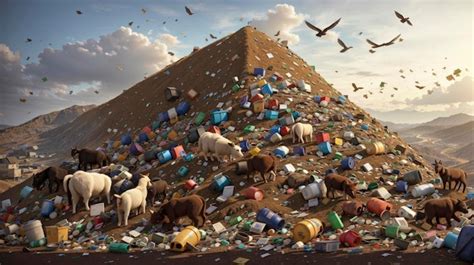 Premium Photo | A large pile of trash with animals and birds flying ...