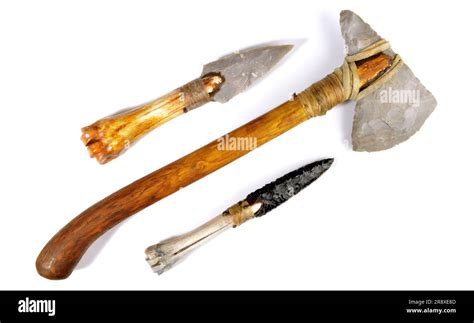 Stone Age Tools on white Background - Stone Age Axe, Knives and Arrows ...