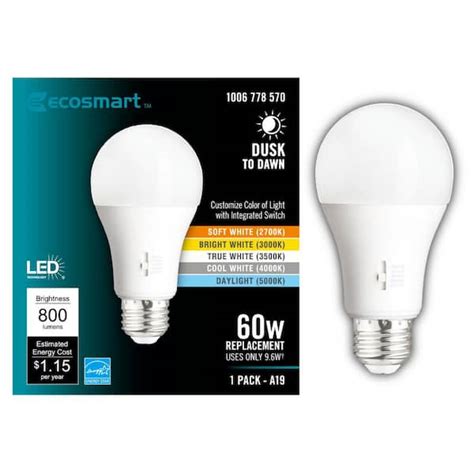 EcoSmart 60-Watt Equivalent A19 Dimmable CEC Dusk to Dawn LED Light ...