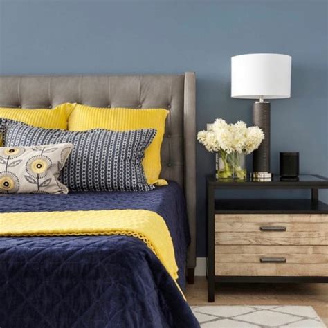 Navy & Yellow Bedroom | Yellow bedroom decor, Blue master bedroom, Blue ...