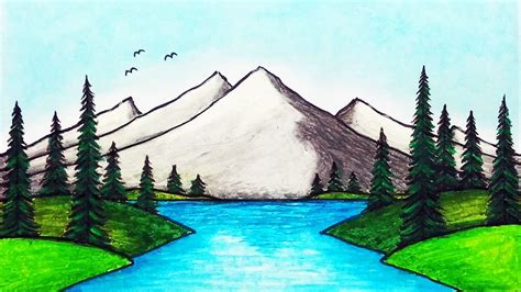 How to Draw Beautiful Mountain Lake | Easy Scenery Drawing - YouTube