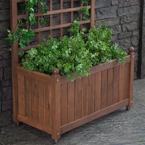 Wood Planter Box on Wheels with Grid-style Trellis | Wood planters ...