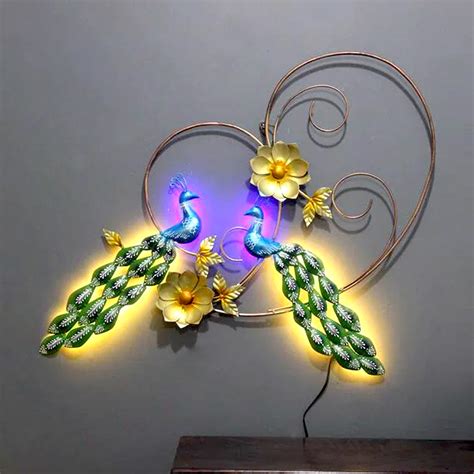 Enchanting Pair Of Peacock Metal Wall Art With LED Lights - WallMantra