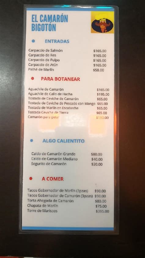 Menu at El Camaron Bigoton restaurant, Mexico