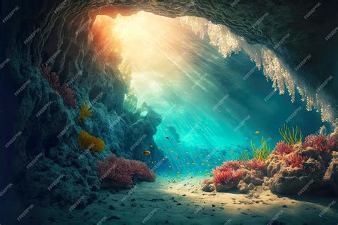 Premium Photo | Underwater cave with coral reefs deep on ocean floor in ...