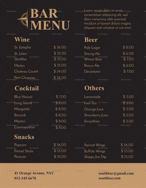 Sample Bar Menu Templates