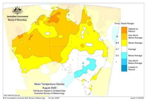 Australia mean temperature deciles - August 2020 | Australia map ...