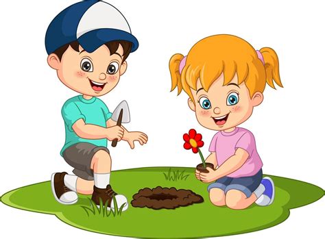 Cute little kids planting flower plant in the garden 5112889 Vector Art ...