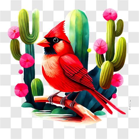 Download Stunning Image of a Red Bird on a Cactus Branch with Pink ...