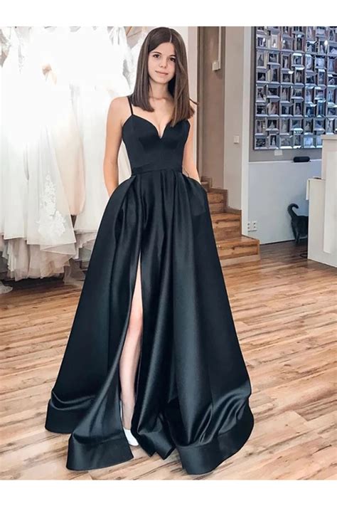 Black Spaghetti Straps Split Long Satin Prom Dress, A Line Simple Long ...