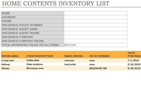 Home Inventory Template Free Excel