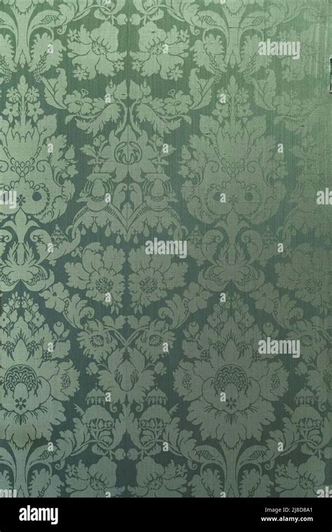 Retro floral ornamental victorian wallpaper fabric in green full frame ...