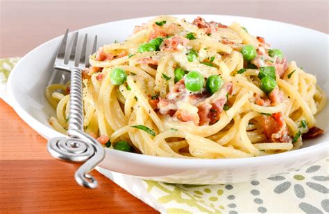 Pasta Carbonara with Bacon and Peas | For the Love of Cooking