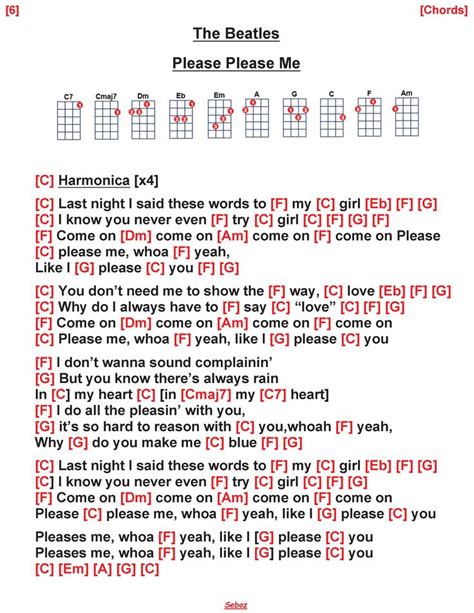 the beatles's guitar chords are arranged in red and black, with words ...