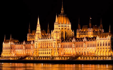 Hungary, Budapest, parliament, night, lights, water, Danube river ...