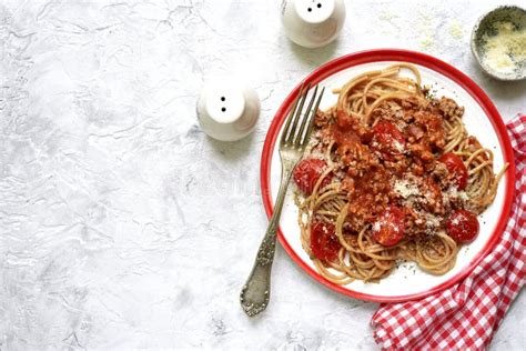 Traditional Italian Whole Wheat Spaghetti Bolognese.Top View. Stock ...