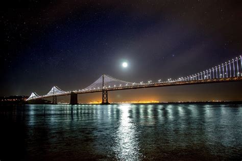 bridge, San Francisco, Water, Night sky, Lights, Moon HD Wallpapers ...