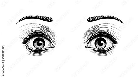 Female eyes wide open in fear or surprise isolated on white. Vintage ...