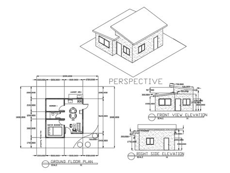 Small house left, right and perspective elevation with ground floor ...