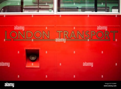 London Transport logo on a vintage bus in the London Bus Museum ...