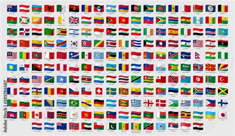 World national waving flags. Official country signs with names ...