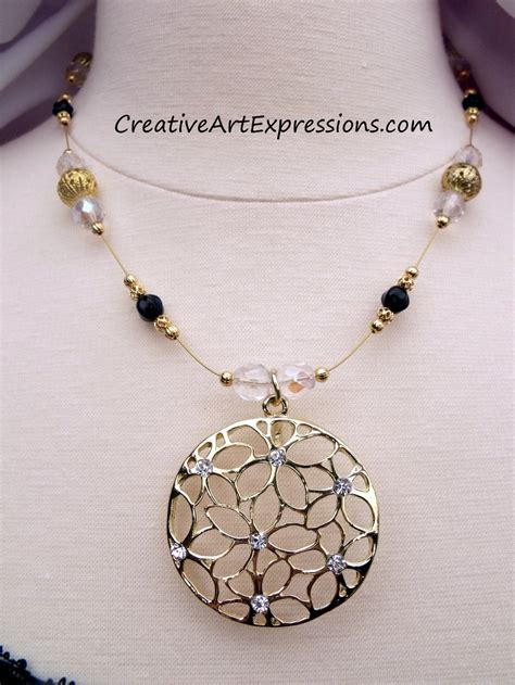 Creative Art Expressions Handmade Gold Black & Crystal Necklace Jewelry ...