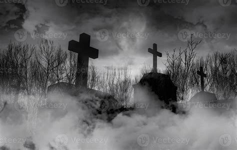 Halloween day concept. Cemetery or graveyard in the night with dark sky ...