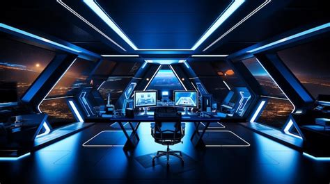 Premium AI Image | Futuristic office illuminated by blue lighting ...