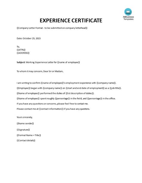 Experience Letter From Employer | Templates at allbusinesstemplates.com