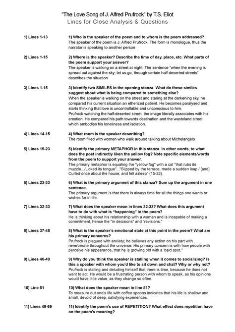 Prufrock Analysis Worksheet Answers - E-streetlight.com