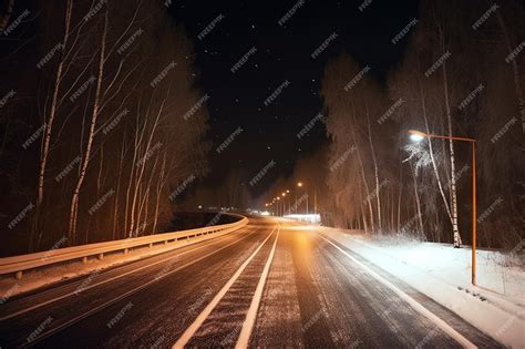 Premium Photo | A snowy road with a car driving on the left side and a ...