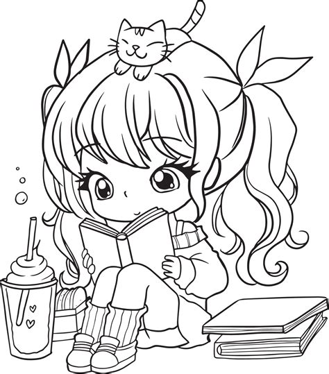 drawing cartoon cute coloring page line art, outline anime manga kawaii ...