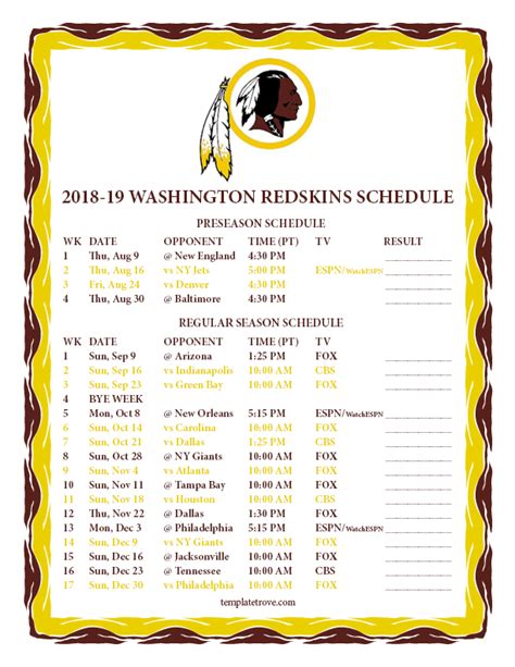 Printable 2018-2019 Washington Redskins Schedule