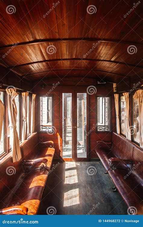 Old Classic Train Wooden Interior with Curtain and Afternoon Light ...