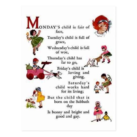 Monday's Child Postcard | Zazzle | Mondays child poem, Monday's child ...