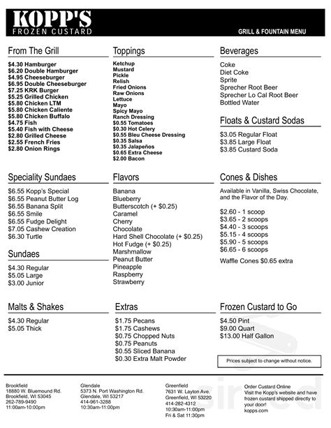 Kopp's Frozen Custard menu in Greenfield, Wisconsin, USA