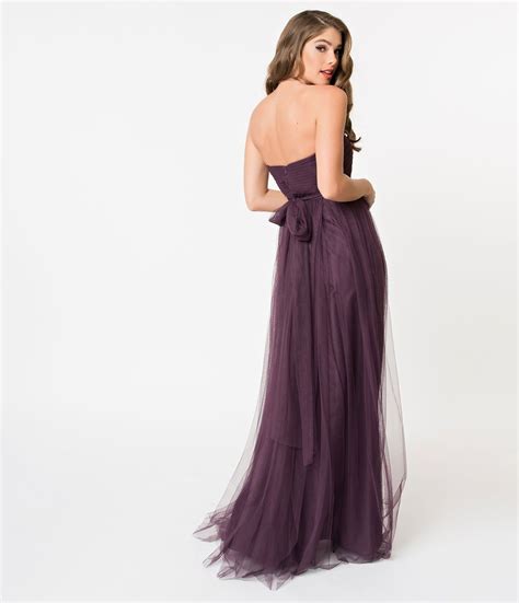 Eggplant Purple Strapless Sweetheart Mesh Sash Long Dress | Backless ...