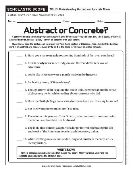 Abstract or Concrete? 6th - 10th Grade Worksheet | Abstract nouns ...