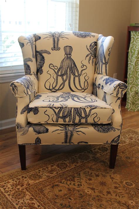 Wingback Chair covered in Duralee's Aquadisiac. AKA Octopus Chairs ...