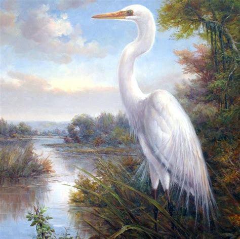 MARSH WHITE EGRET PAINTING CUSTOM FRAMED ORIGINAL ART