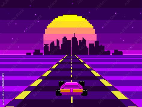 Retrowave Race Arcade game in Pixel Art vector background in retro 80s ...