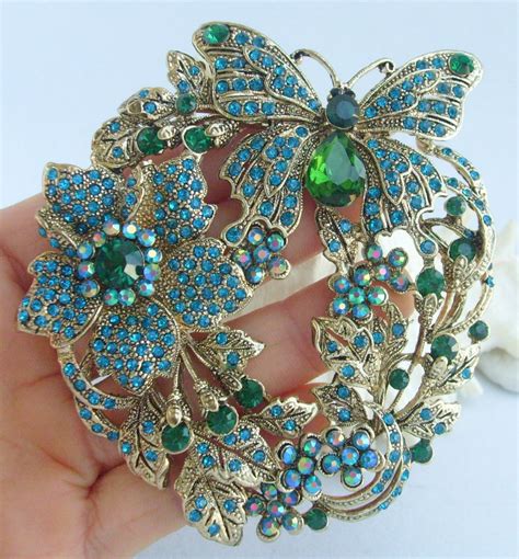 3.54" Pretty Blue Green Rhinestone Crystal Butterfly Brooch Pin Pendant ...