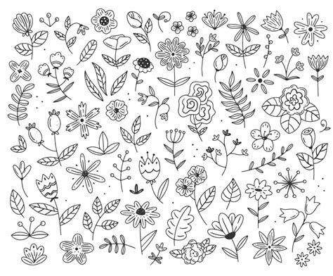 A large set of different flowers and plants in a simple linear doodle ...