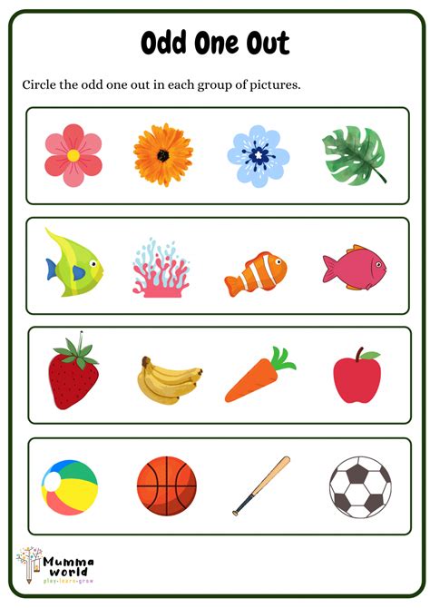 Odd One Out Woksheet 56F | Nursery worksheets, Kindergarden activities ...