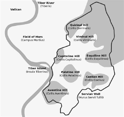 Schematic map of ancient Rome. Besides the Servian Wall constructed in ...