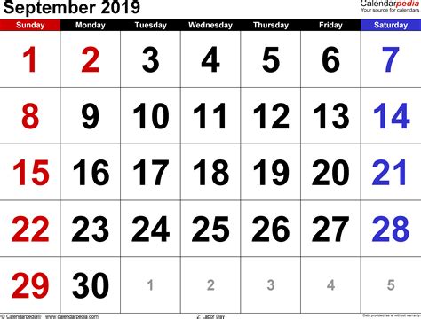 September 2019 - calendar templates for Word, Excel and PDF