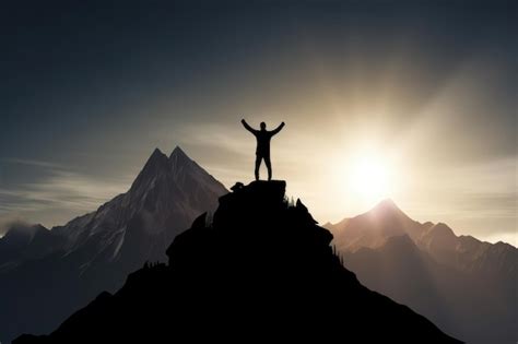 Premium Photo | Silhouette of a triumphant individual standing a mountain